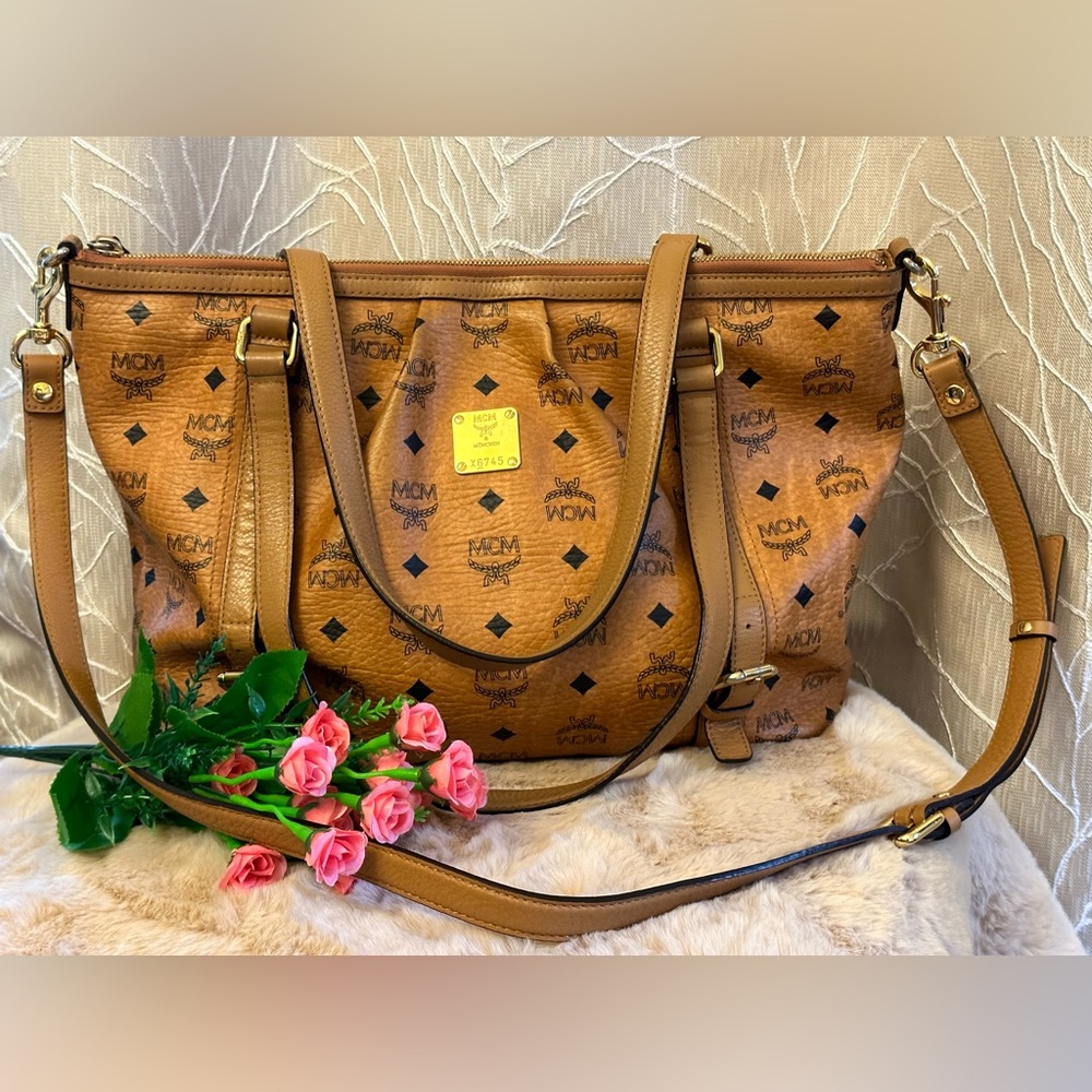 MCM Cognac Visetos Print Leather Tote with Gold Plaque